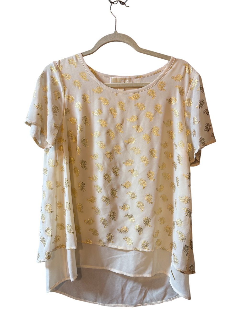 Michael Kors Cream Short Sleeve Top with Gold Foil Pattern pineapple